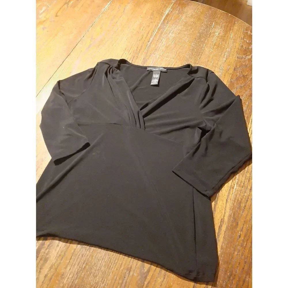 Large Josephine Chaus Black Deep VNeck Draped Blouse Shirt Top
